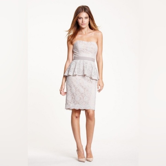 Watters Aramis Strapless Lace Dress Belted Peplum Ivory Size 12 Romantic Wedding - Picture 1 of 10